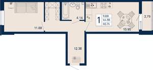 1-к квартира, вторичка, 46м2, 2/18 этаж