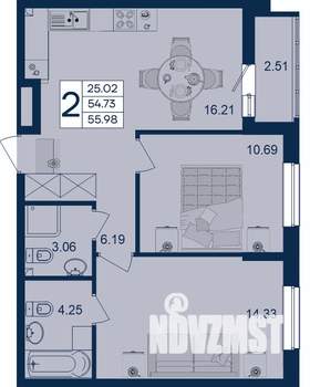 2-к квартира, вторичка, 56м2, 2/18 этаж