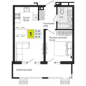 1-к квартира, вторичка, 42м2, 5/8 этаж