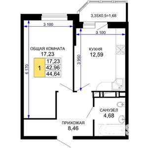 1-к квартира, вторичка, 45м2, 8/19 этаж