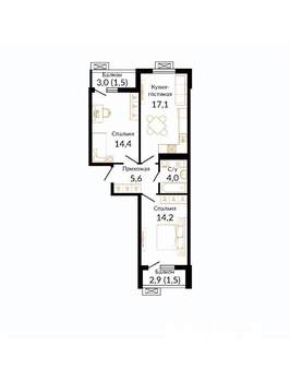 2-к квартира, вторичка, 58м2, 9/9 этаж