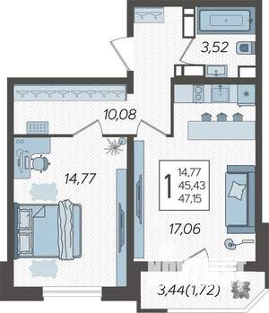1-к квартира, вторичка, 49м2, 22/23 этаж