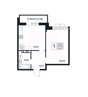 1-к квартира, вторичка, 48м2, 9/12 этаж