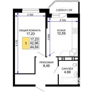1-к квартира, вторичка, 45м2, 9/19 этаж