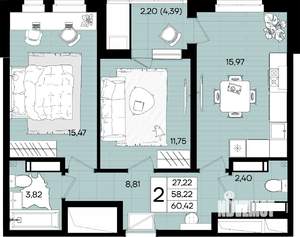 2-к квартира, вторичка, 60м2, 8/18 этаж