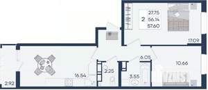 2-к квартира, вторичка, 58м2, 3/18 этаж