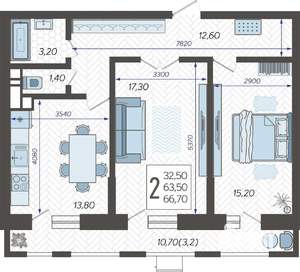 2-к квартира, строящийся дом, 68м2, 5/12 этаж