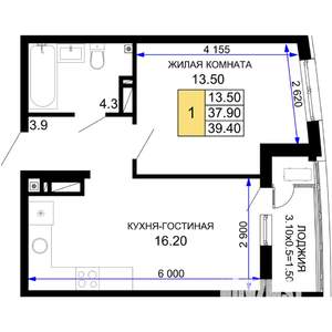 1-к квартира, строящийся дом, 39м2, 3/18 этаж