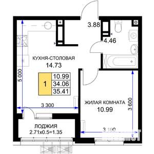 1-к квартира, строящийся дом, 35м2, 15/18 этаж