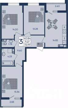 3-к квартира, вторичка, 74м2, 7/18 этаж