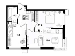 2-к квартира, вторичка, 54м2, 13/16 этаж