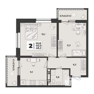 2-к квартира, строящийся дом, 48м2, 9/9 этаж