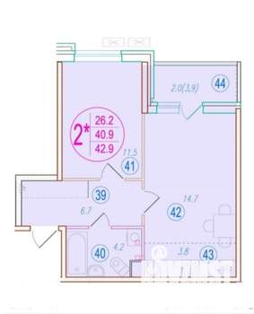 2-к квартира, вторичка, 43м2, 1/9 этаж