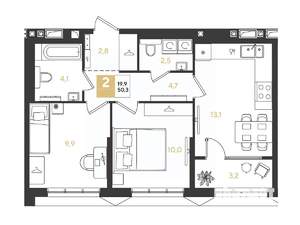2-к квартира, строящийся дом, 50м2, 18/18 этаж