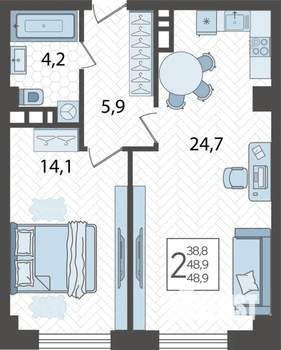 2-к квартира, строящийся дом, 49м2, 9/16 этаж