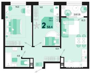 2-к квартира, вторичка, 58м2, 4/18 этаж