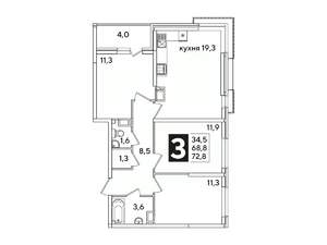 3-к квартира, вторичка, 73м2, 12/16 этаж