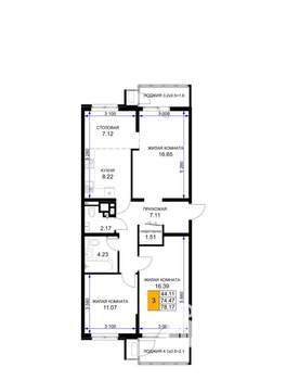 3-к квартира, вторичка, 78м2, 9/16 этаж