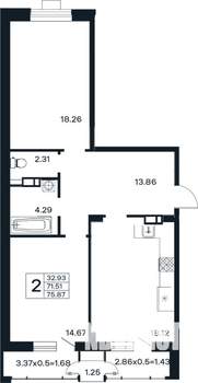 2-к квартира, вторичка, 76м2, 11/12 этаж