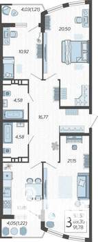 3-к квартира, строящийся дом, 92м2, 3/21 этаж