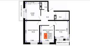 3-к квартира, вторичка, 66м2, 9/16 этаж