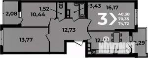 3-к квартира, вторичка, 75м2, 17/19 этаж