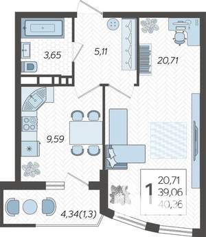 1-к квартира, строящийся дом, 40м2, 17/21 этаж