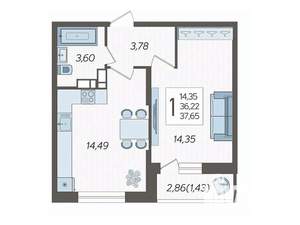 1-к квартира, вторичка, 38м2, 1/19 этаж