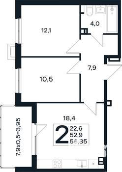 2-к квартира, вторичка, 57м2, 4/4 этаж