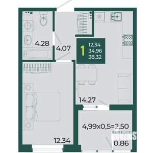 1-к квартира, вторичка, 38м2, 2/18 этаж