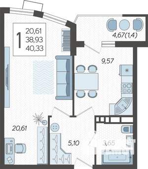 1-к квартира, строящийся дом, 40м2, 19/21 этаж