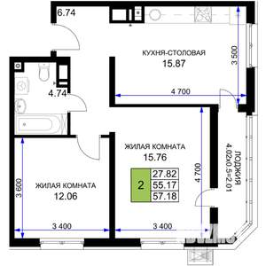 2-к квартира, строящийся дом, 57м2, 16/18 этаж