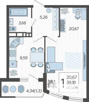 1-к квартира, строящийся дом, 40м2, 19/21 этаж