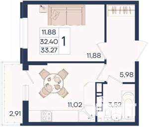 1-к квартира, вторичка, 33м2, 3/18 этаж