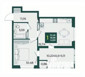 1-к квартира, вторичка, 43м2, 8/18 этаж