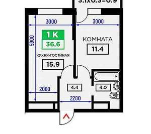 1-к квартира, вторичка, 38м2, 4/16 этаж
