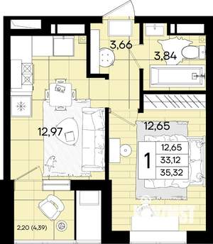 1-к квартира, вторичка, 35м2, 4/18 этаж