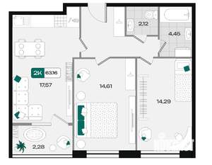 2-к квартира, вторичка, 63м2, 14/18 этаж