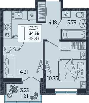 1-к квартира, вторичка, 35м2, 9/21 этаж