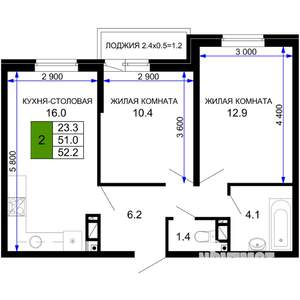 2-к квартира, строящийся дом, 52м2, 3/16 этаж