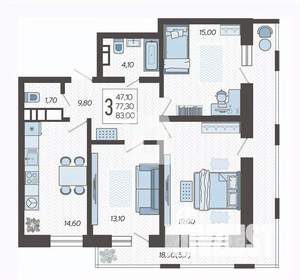 3-к квартира, вторичка, 83м2, 10/12 этаж