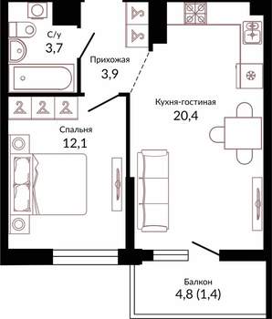 1-к квартира, вторичка, 43м2, 13/22 этаж