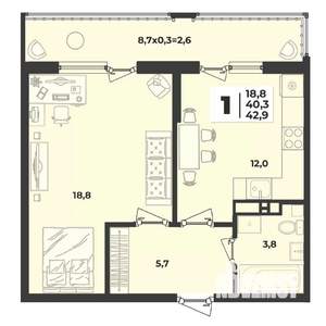 1-к квартира, строящийся дом, 43м2, 2/9 этаж