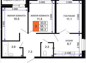 3-к квартира, вторичка, 56м2, 2/16 этаж