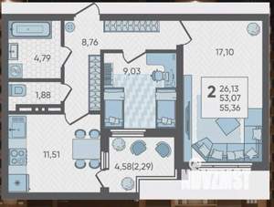 2-к квартира, вторичка, 55м2, 14/17 этаж