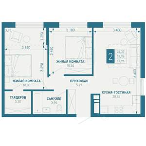 2-к квартира, строящийся дом, 58м2, 18/18 этаж