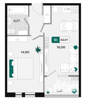 1-к квартира, вторичка, 42м2, 13/18 этаж