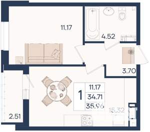 1-к квартира, вторичка, 36м2, 7/18 этаж