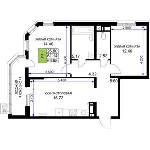 2-к квартира, вторичка, 64м2, 14/18 этаж
