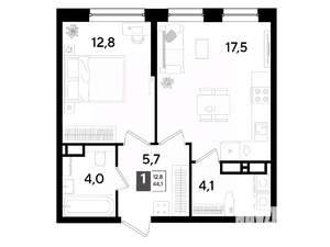 1-к квартира, вторичка, 44м2, 12/16 этаж